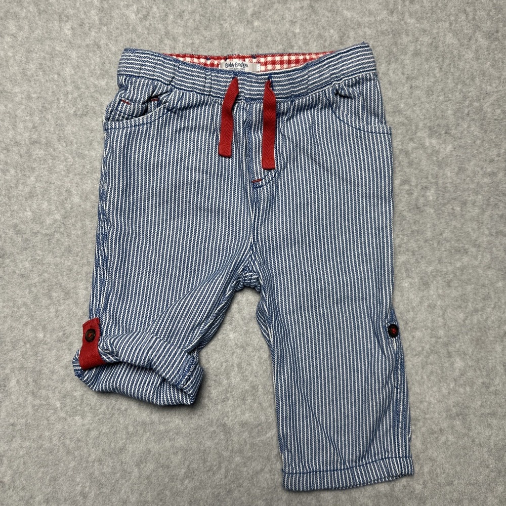 BABY BODEN Blue White Railroad Stripe Roll Up Pants Pull-On Cotton Jeans 6-12m